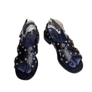 Maje Fidji women's black leather studded stacked heel cross summer sandals 8.5